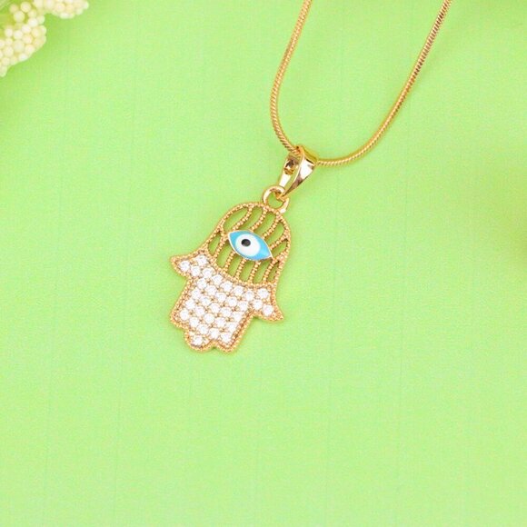"Rose Gold Hamsa Hand Pendant with Evil Eye and Crystal Accents, XPPT1609 - Picture 2 of 13